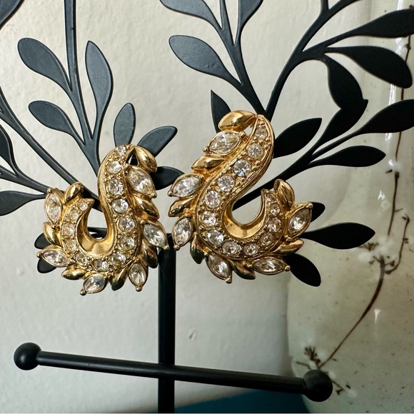 Vintage Avon Gold- and Silver-Tone Rhinestone 1” Pierced Fashion Earrings - Picture 2 of 11